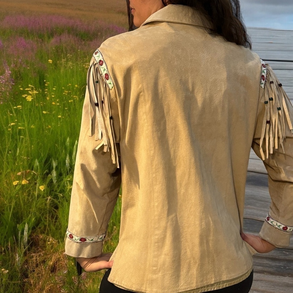 Double D Ranch vintage Beaded Fringe Suede Leather “Telling Stories” Jacket - Picture 6 of 16